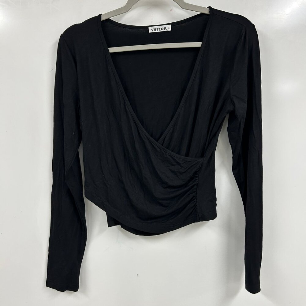 Vetior Black Asymmetrical Wrap Top | Ruched V-Neck Long‎ Sleeve Y2K Chic Size L